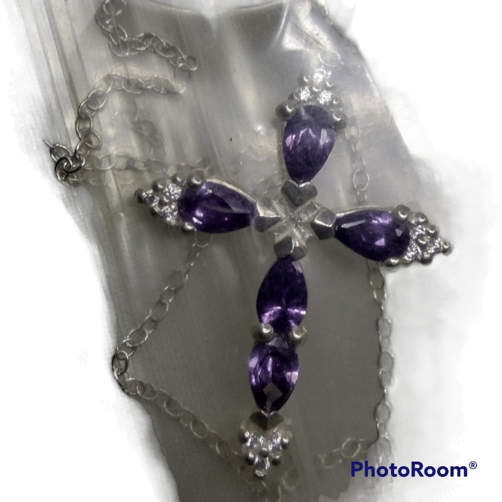 Amethyst color sterling silver cross necklace Avin NIB